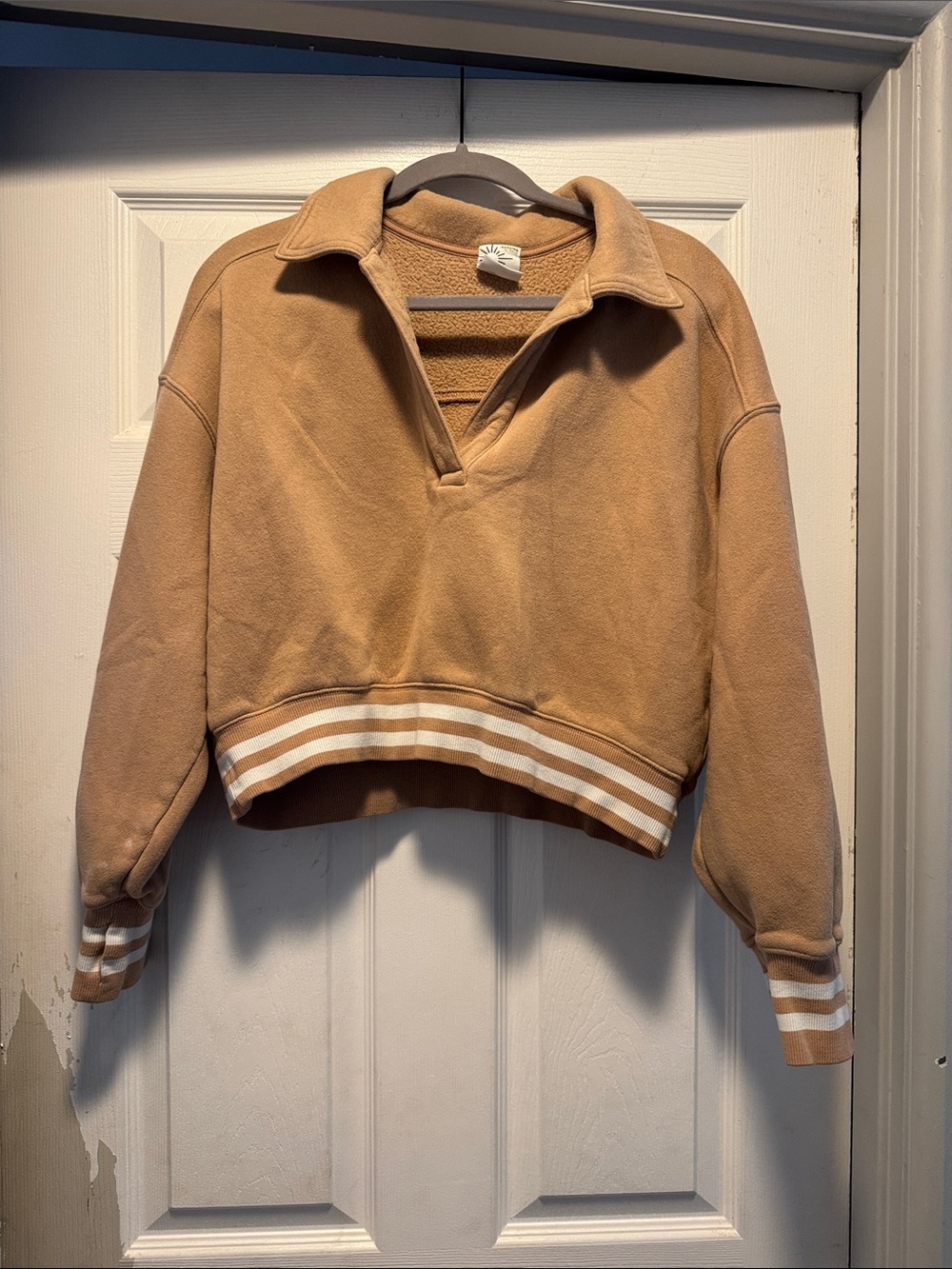 aerie Camel Fleece Pullover with Stripe Detail